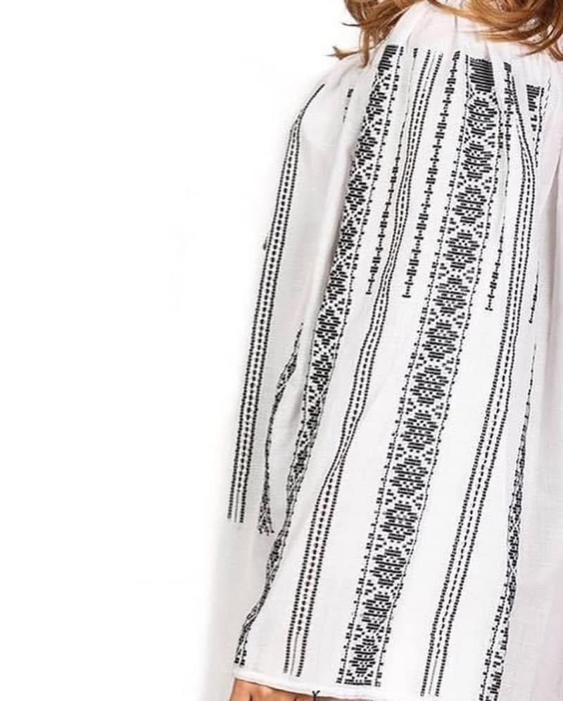 Authentic handmade Romanian blouse, white, linen, geometric motif, hand-embroidered