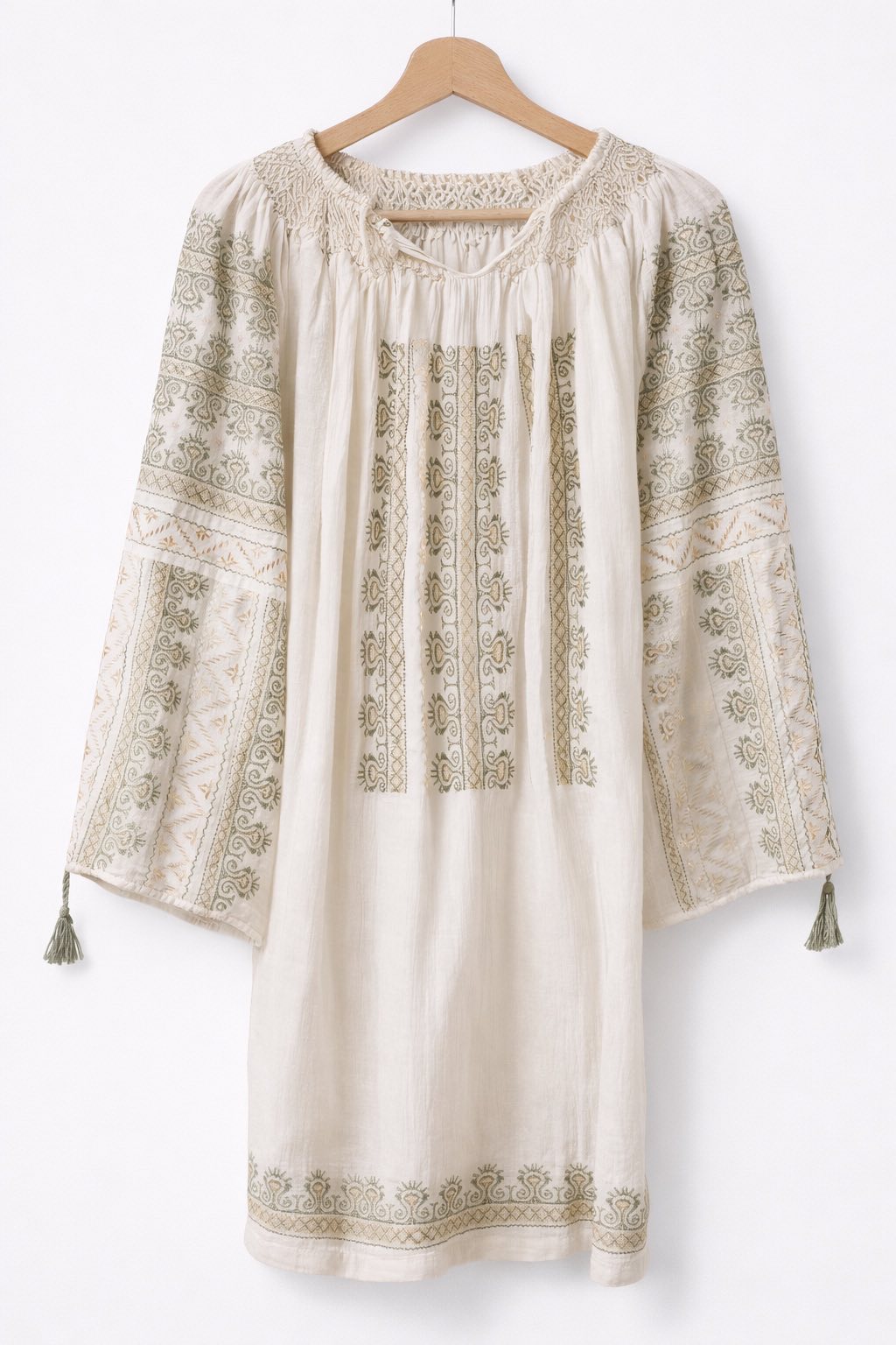 Embroidered dress, white, floral motif, hand-embroidered
