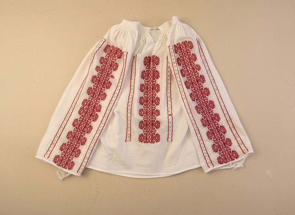 White blouse with red embroidery on a beige background