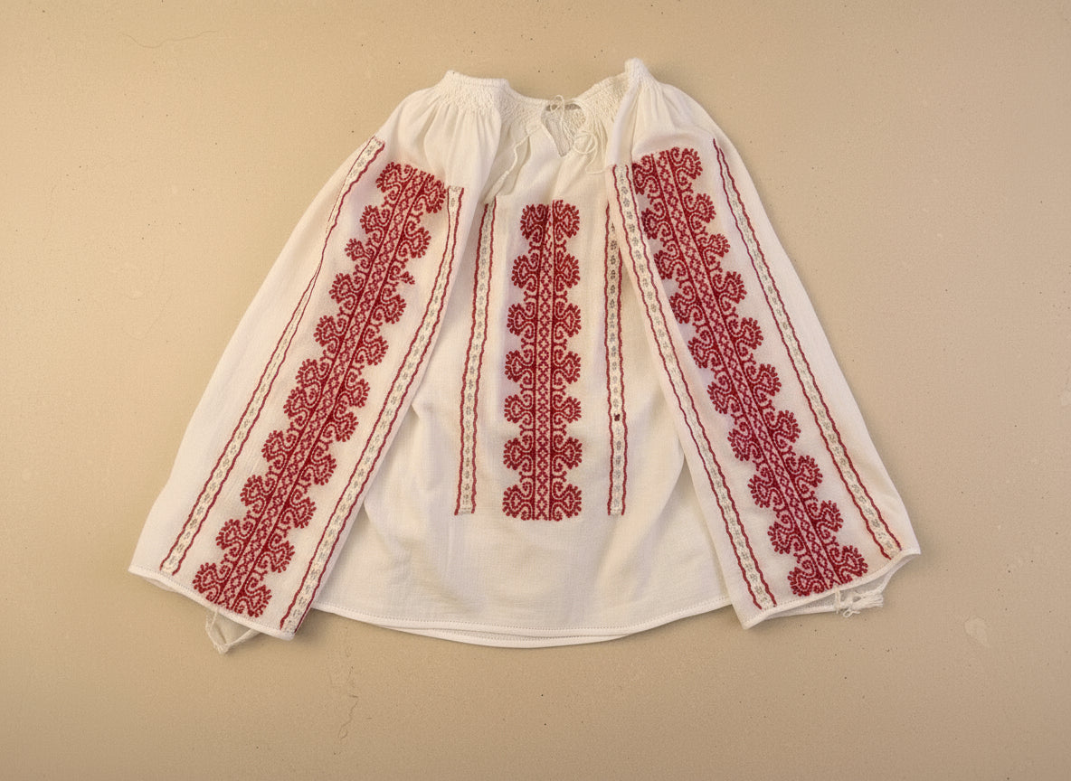 White blouse with red embroidery on a beige background