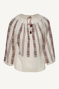Authentic handmade Romanian blouse, beige, geometric motif, hand-embroidered
