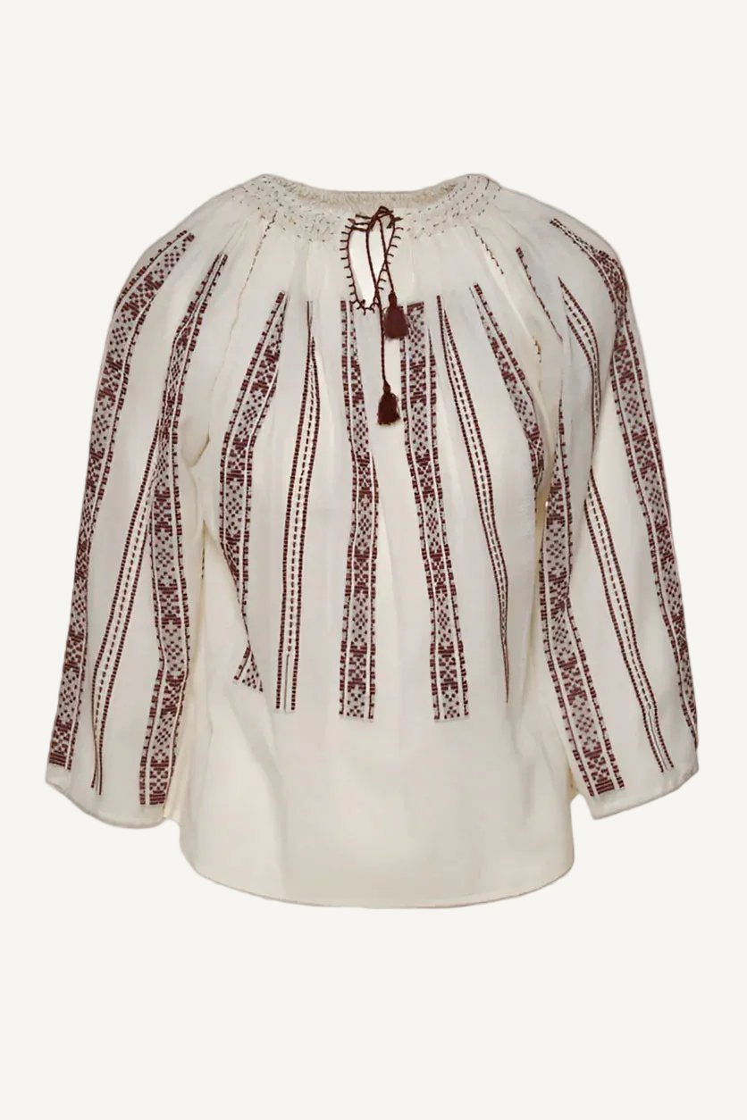 Authentic handmade Romanian blouse, beige, geometric motif, hand-embroidered