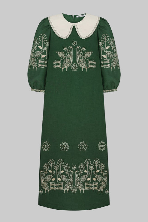 Rochie mini din in brodată cu păsări și flori Zozulya 