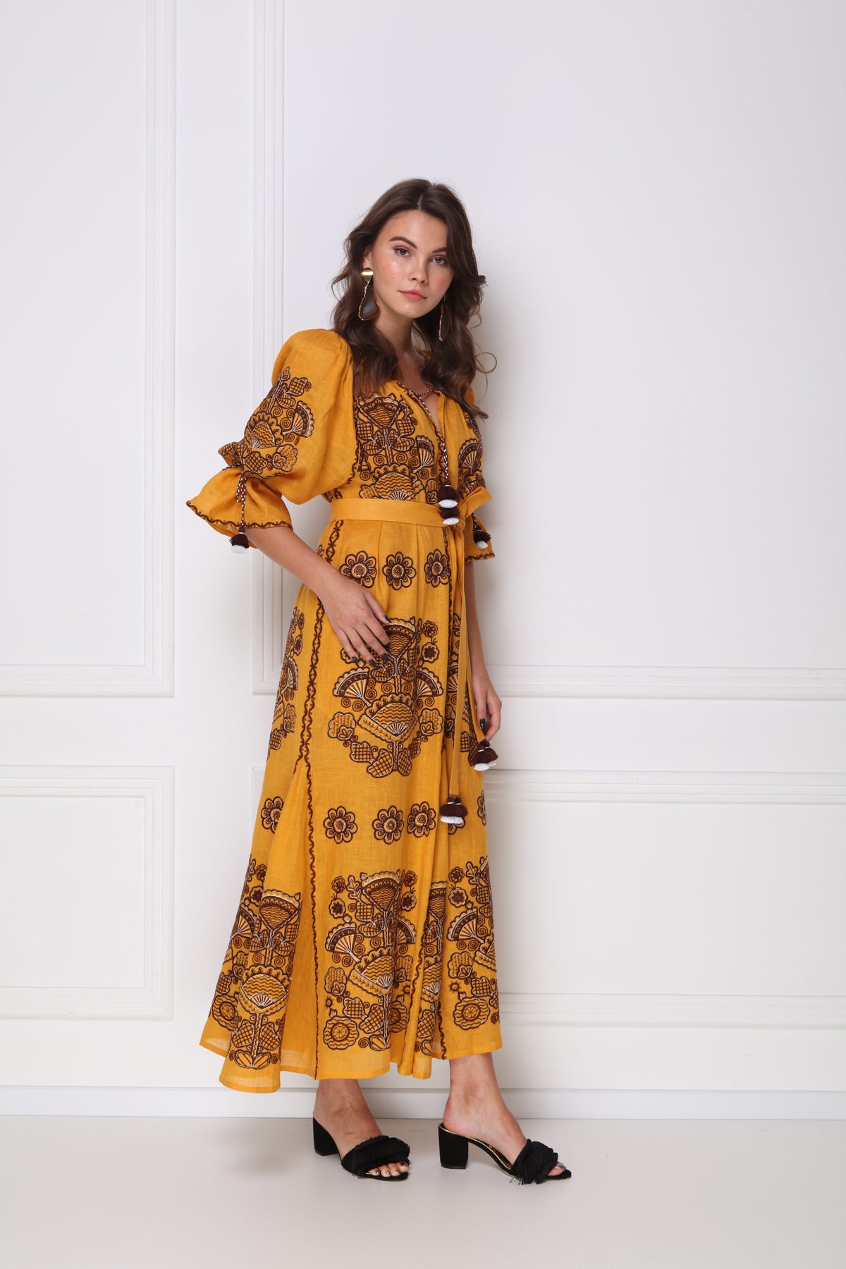Foberini Victory Chic mustard embroidered linen maxi dress - back view