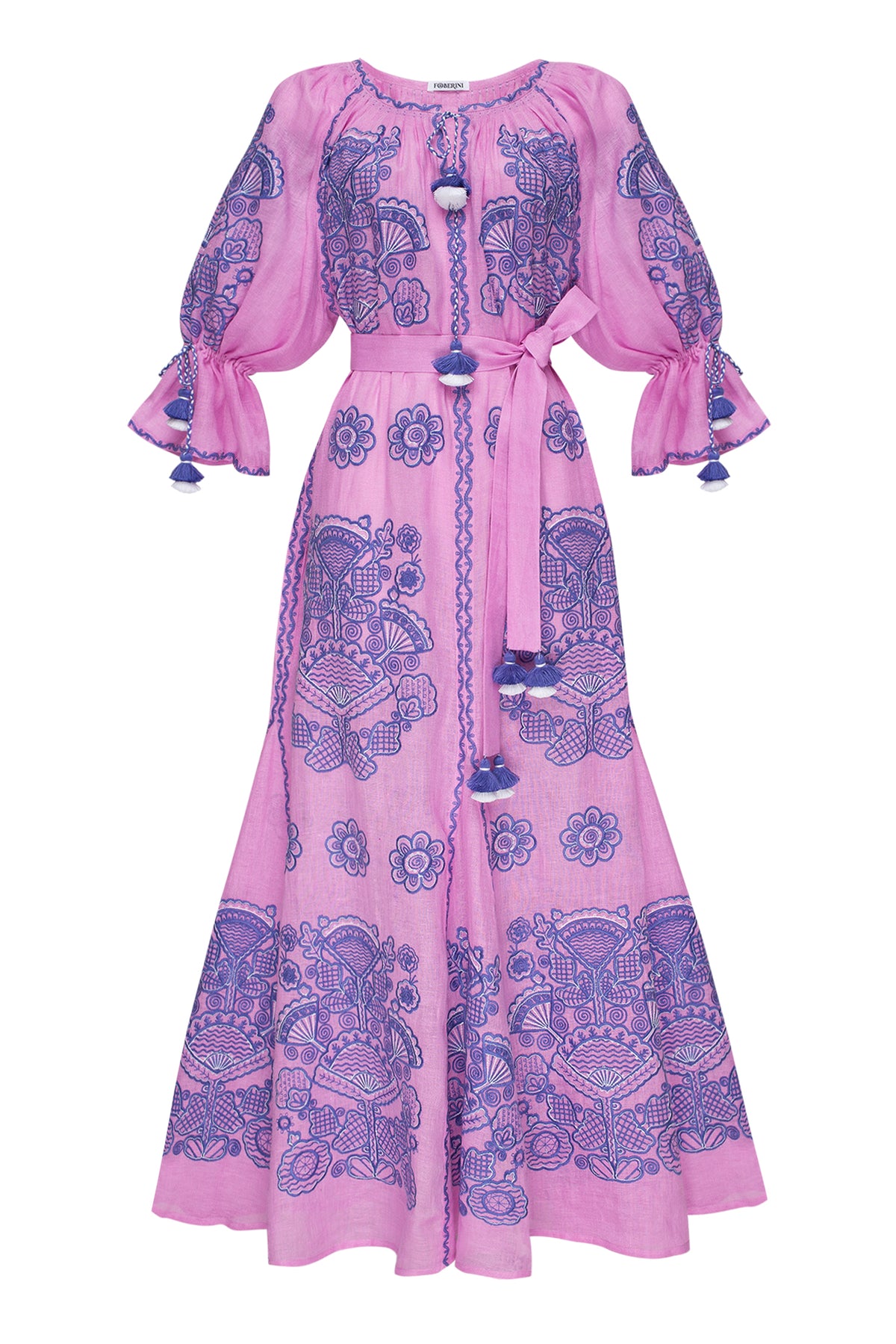 Foberini, Embroidered dress, pink, linen, floral motif, hand-embroidered