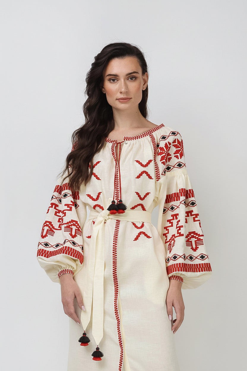 Fobeirni linen white dress with red and black embroidery 