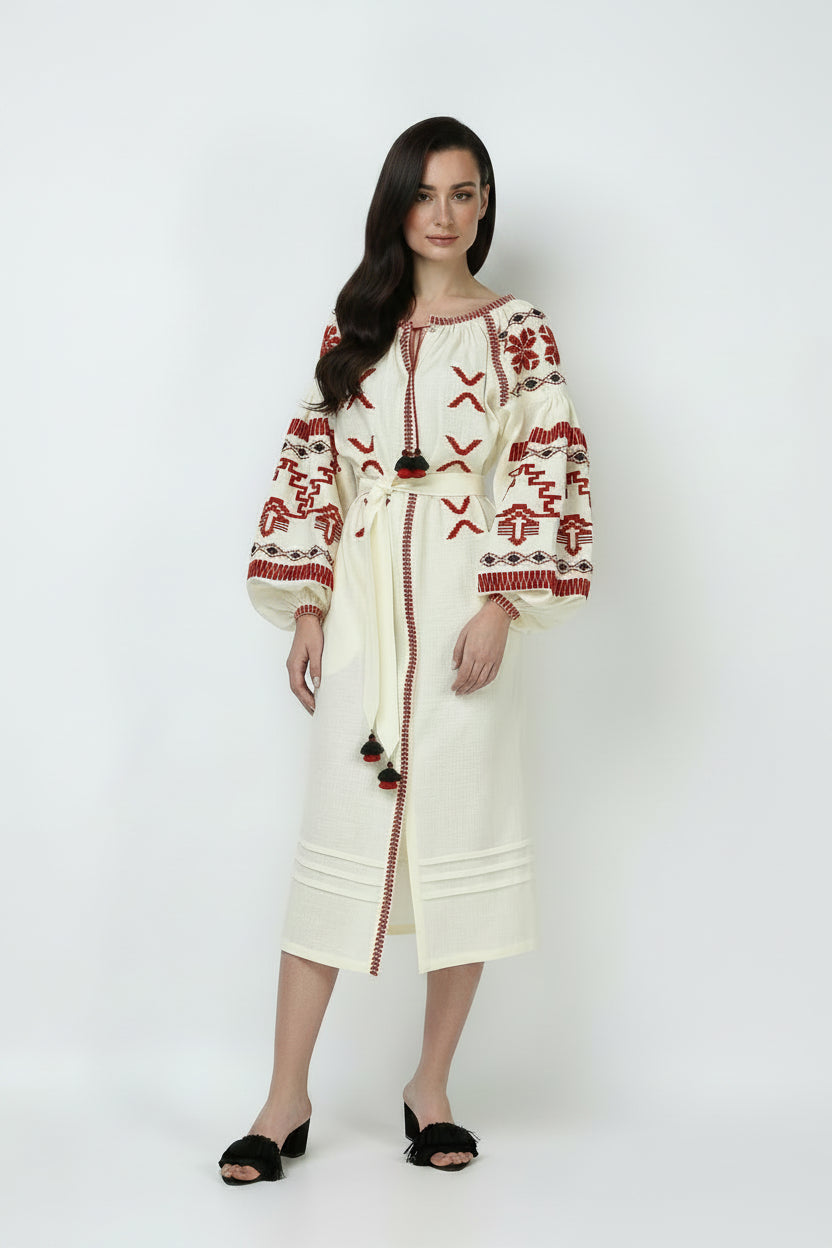 Foberini cream dress with red embroidery a