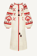 Foberini linen dress with red and black geometric patterns