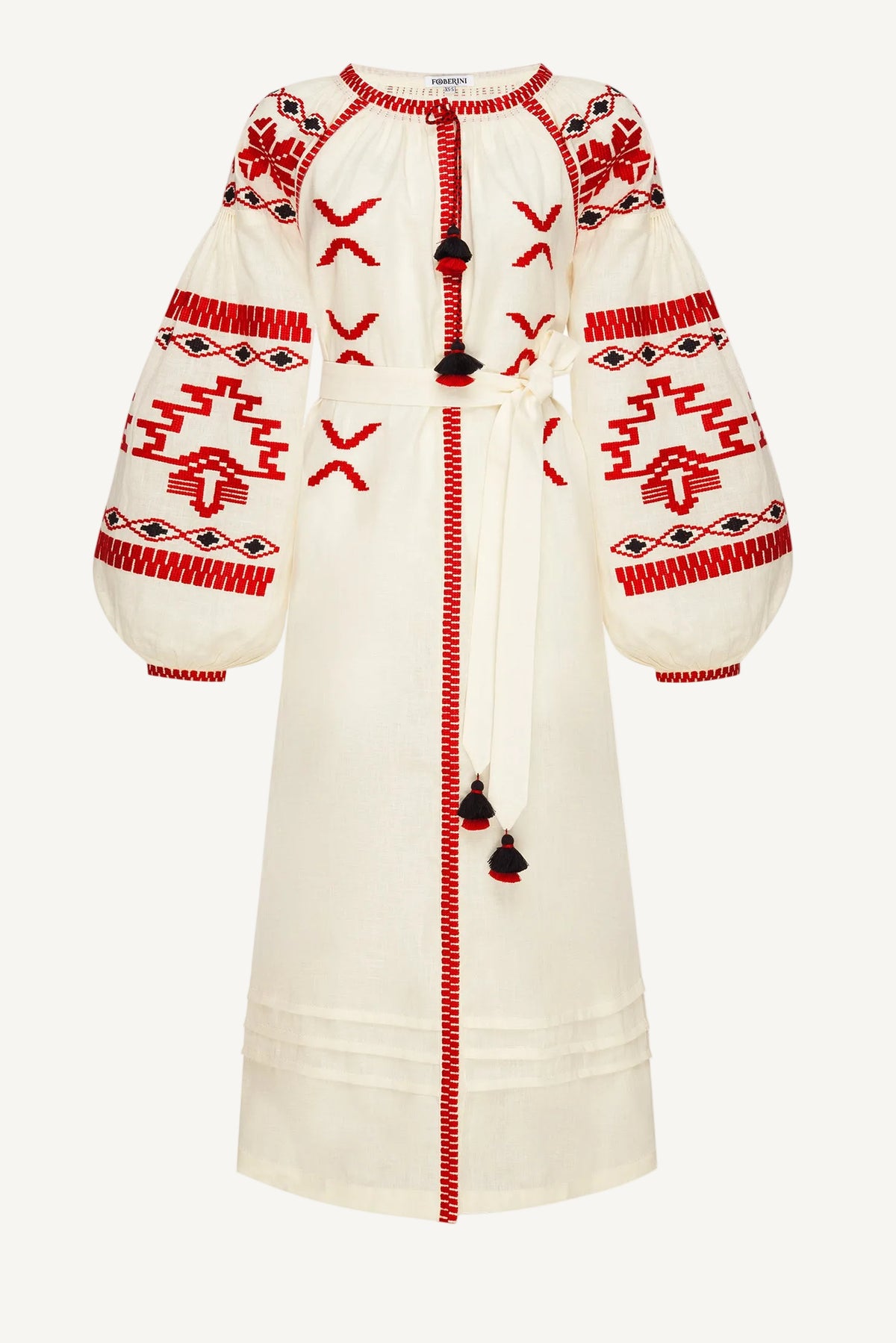 Foberini linen dress with red and black geometric patterns
