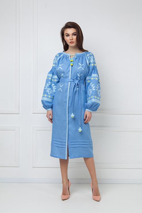 Tina blue linen midi dress - blue and yellow geometric embroidery detail