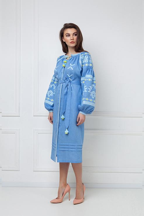 Tina blue linen midi dress - balloon sleeve detail