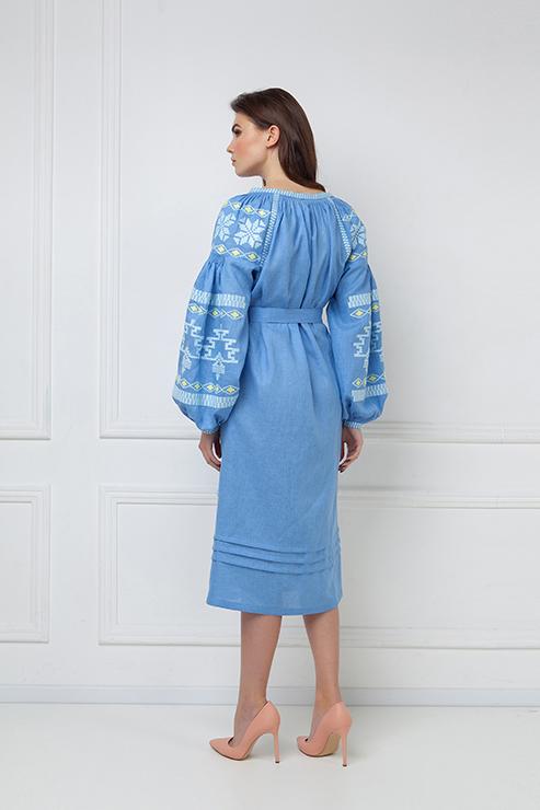 Tina blue linen midi dress - handmade tassel tie detail