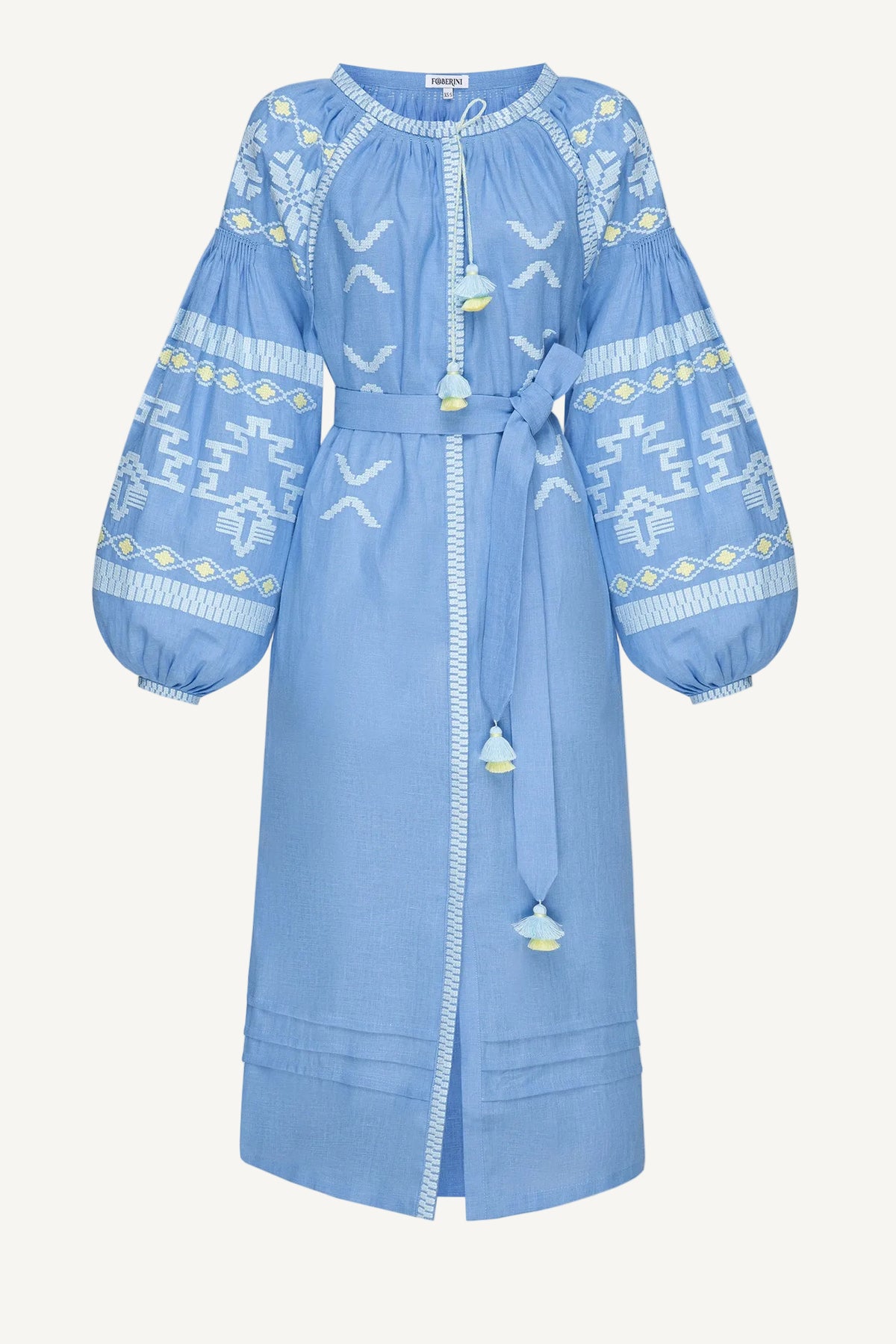 Tina blue linen midi dress with balloon sleeves and folk embroidery, Foberini