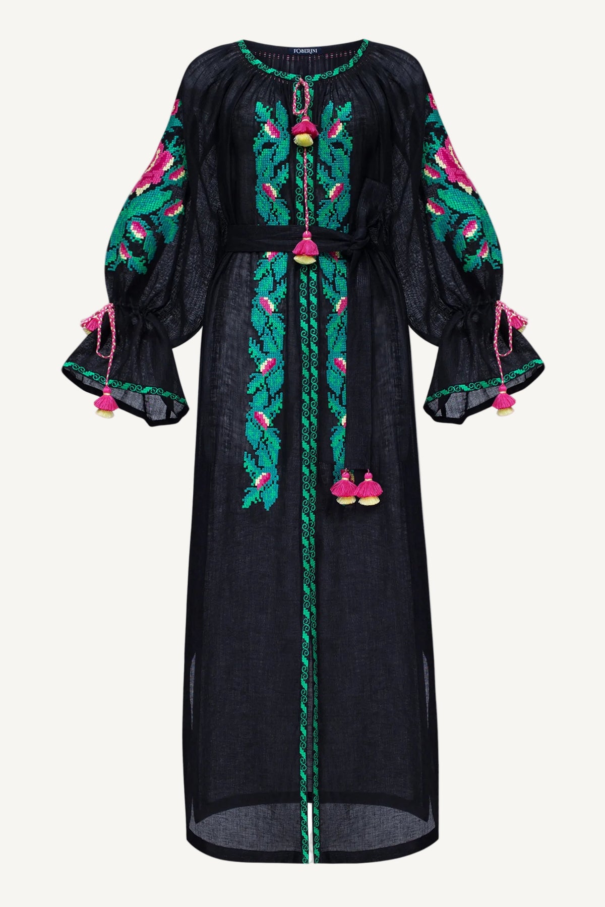 Oversized floral hand-embroidered white linen beach tunic by Foberini
