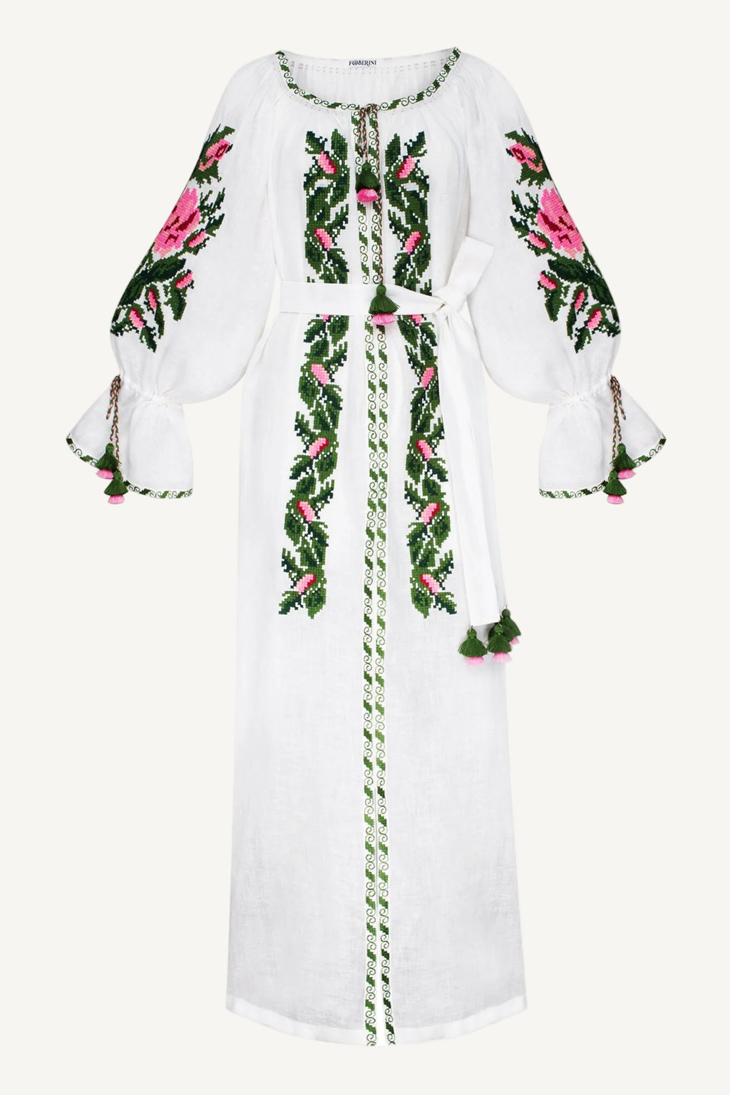 White dress with floral embroidery on a white background