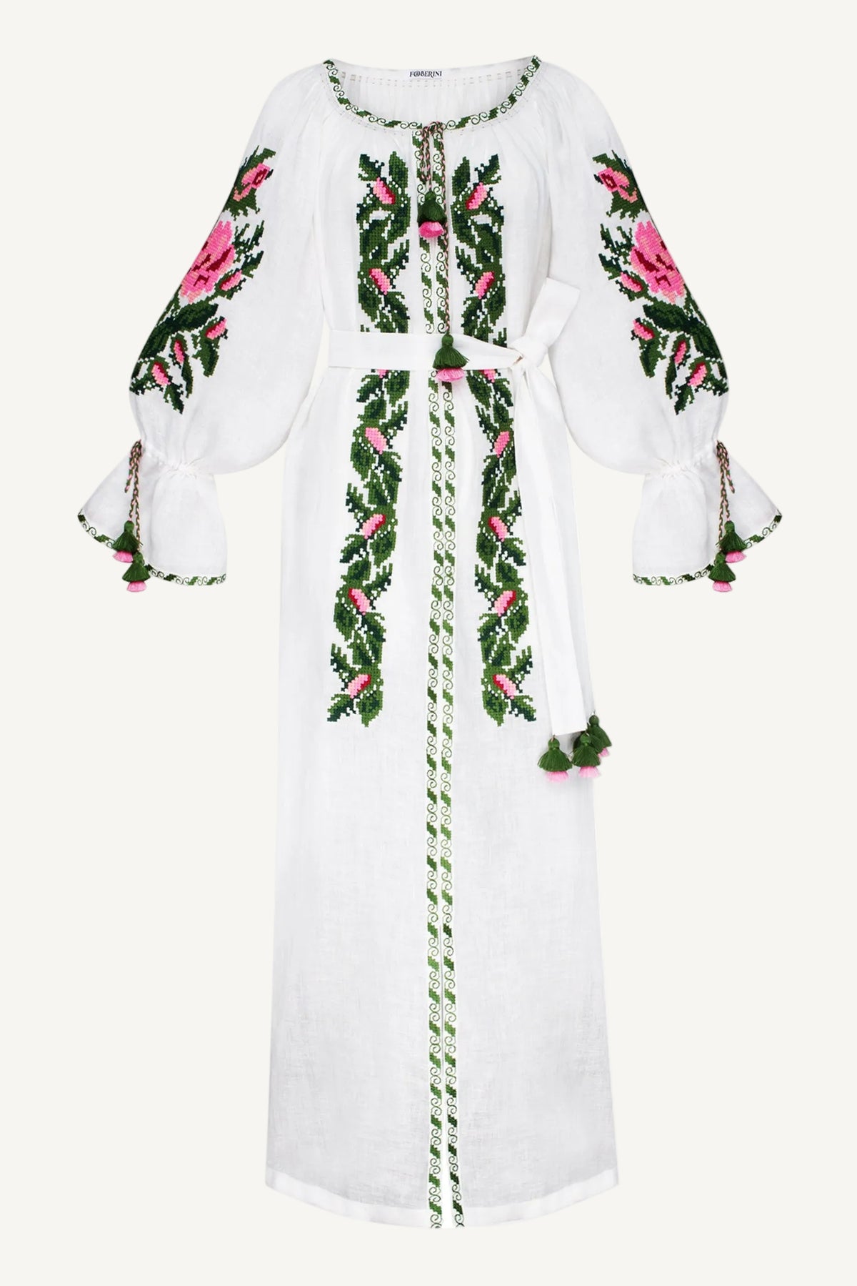 White dress with floral embroidery on a white background