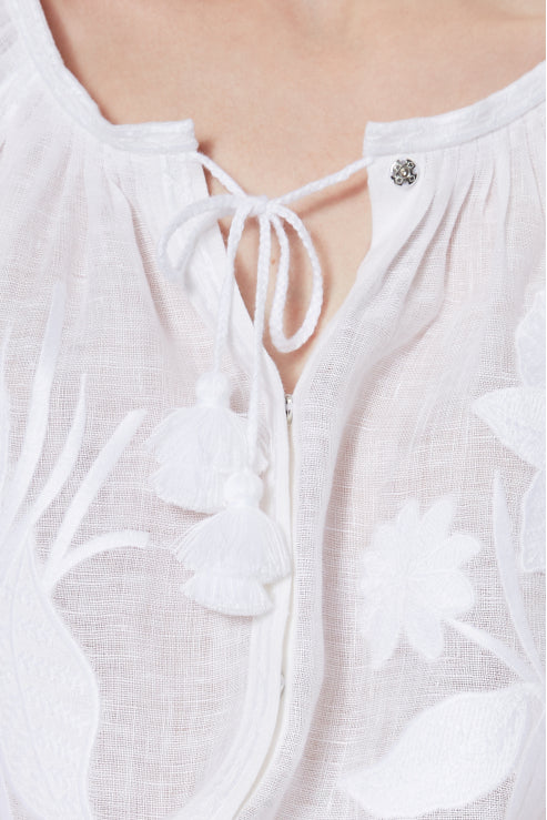 Eden white linen blouse - tonal embroidery detail