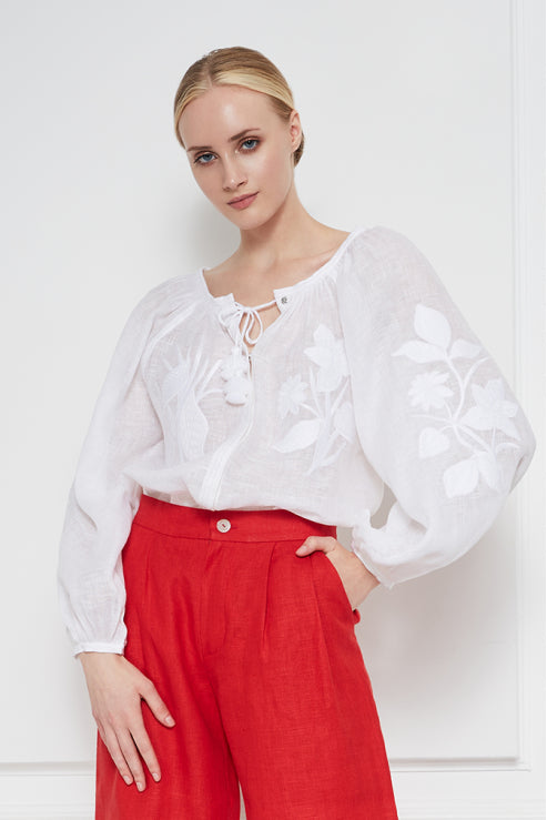 Eden white linen blouse - button placket and tassel ties