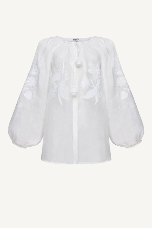 White blouse with balloon sleeves on a white background