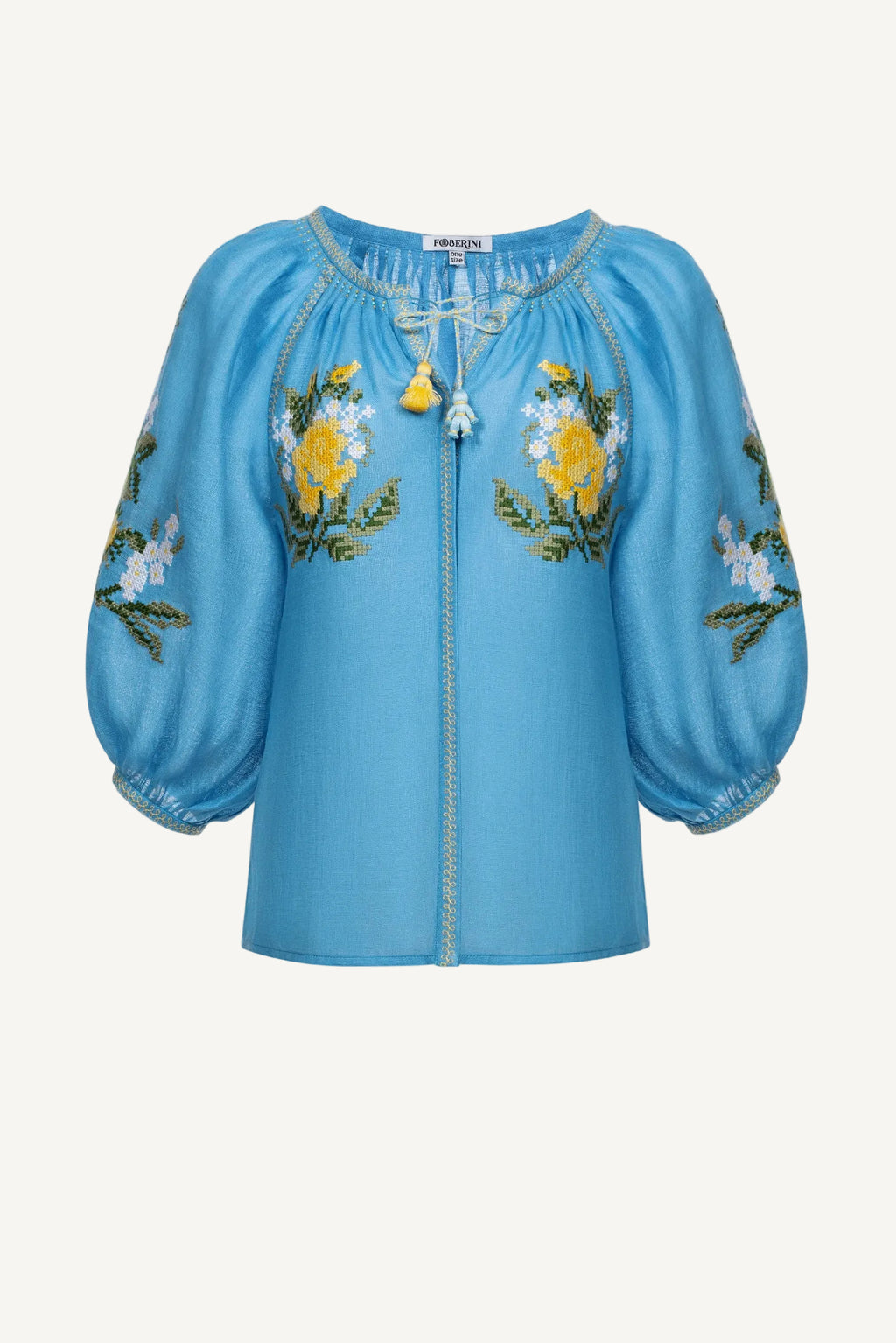 Evelyn blue floral cross-stitch embroidered linen blouse by Foberini