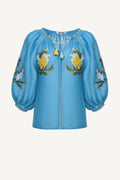 Evelyn blue floral cross-stitch embroidered linen blouse by Foberini