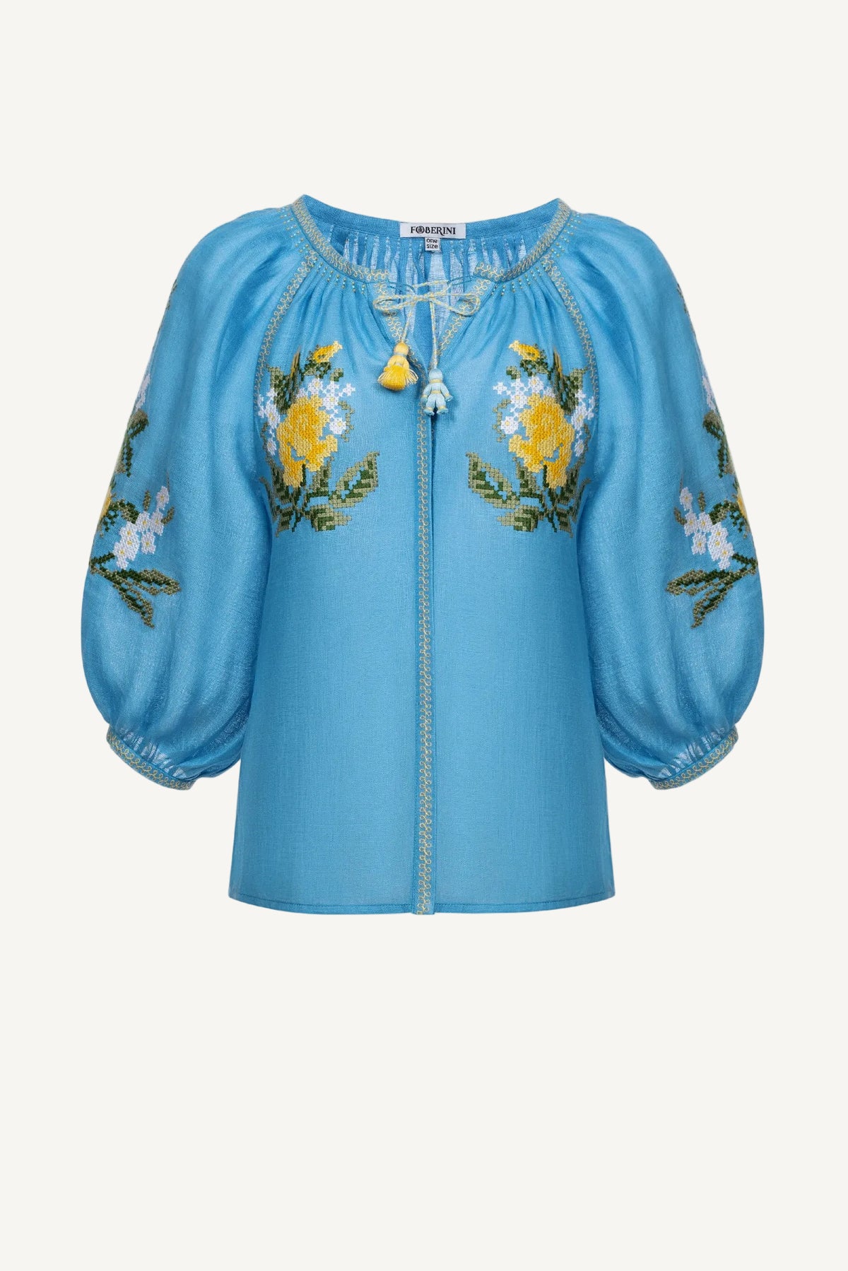 Evelyn blue floral cross-stitch embroidered linen blouse by Foberini