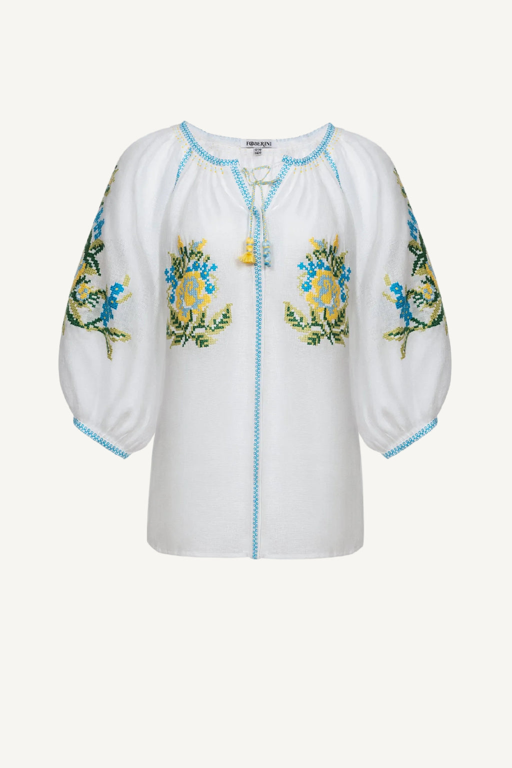 Evelyn white linen blouse with floral cross-stitch embroidery by Foberini
