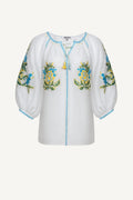Evelyn white linen blouse with floral cross-stitch embroidery by Foberini