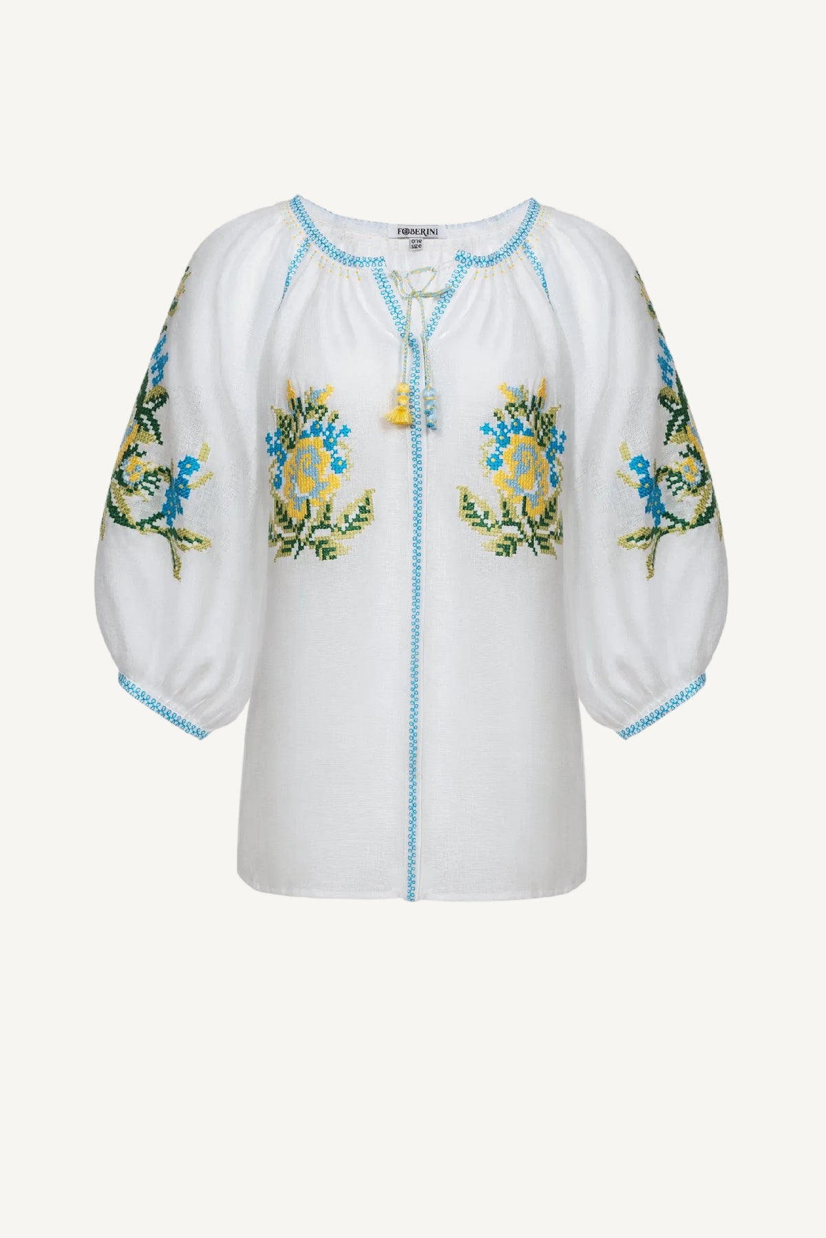 Evelyn white linen blouse with floral cross-stitch embroidery by Foberini