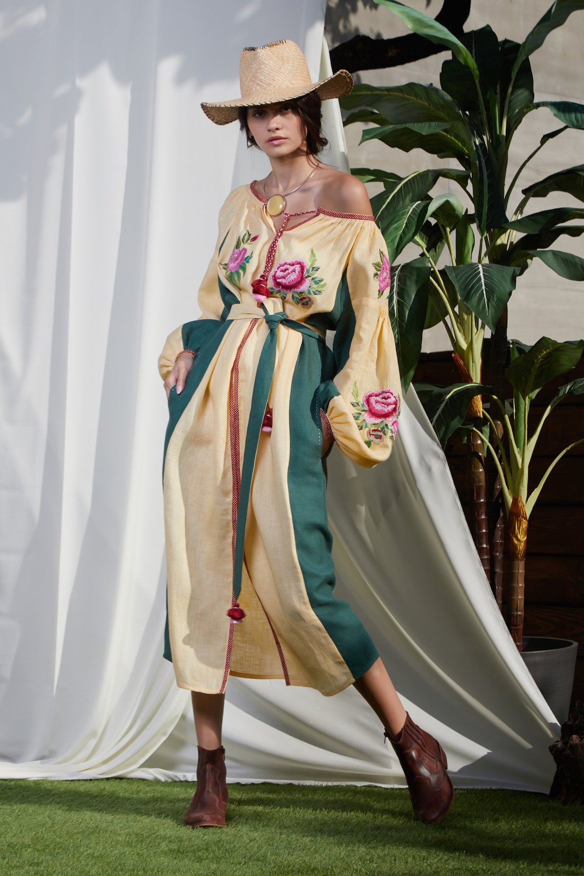 Beige and green Flora caftan dress with floral embroidery, Foberini