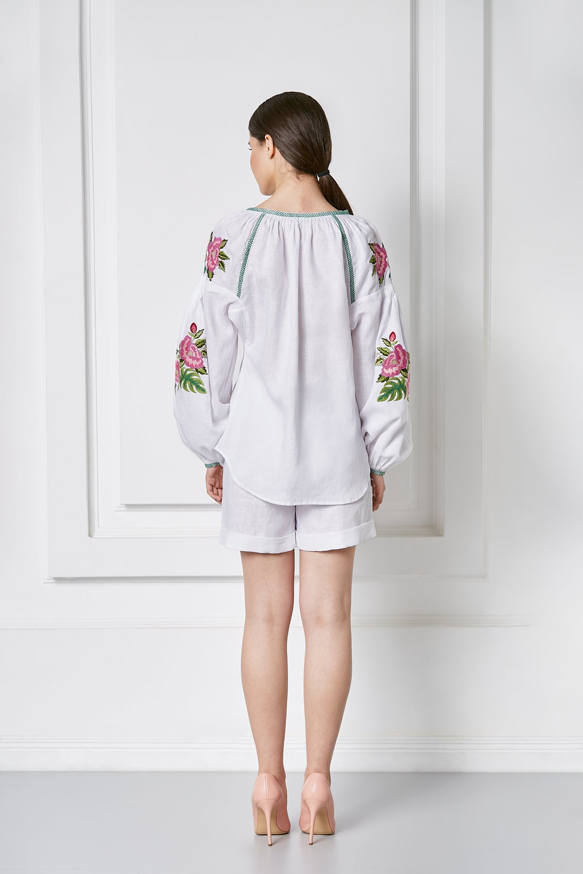 Foberini, Ukrainian vyshyvanka embroidered blouse, white, floral motif, hand-embroidered – view 6