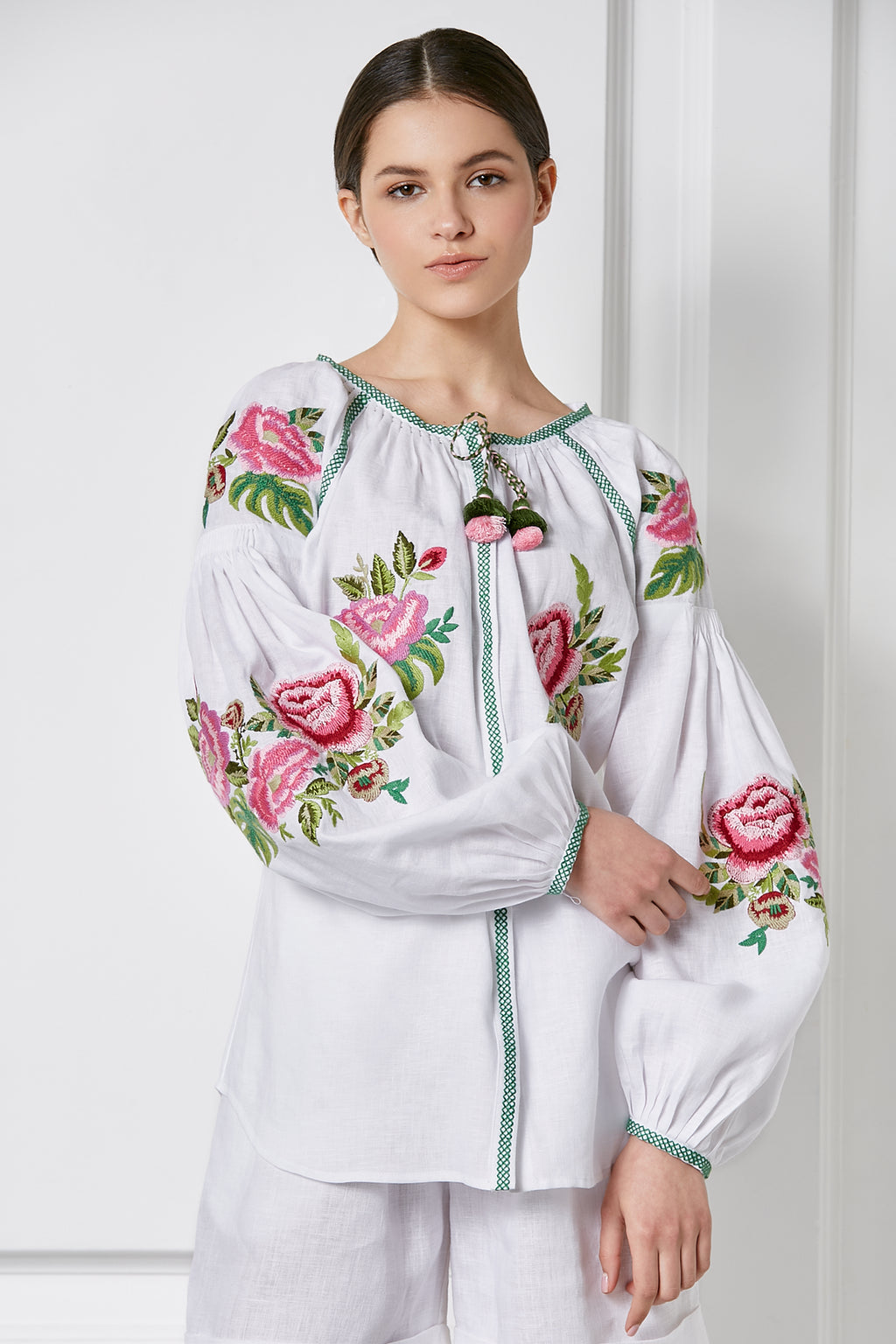 Foberini, Ukrainian vyshyvanka embroidered blouse, white, floral motif, hand-embroidered – view 7