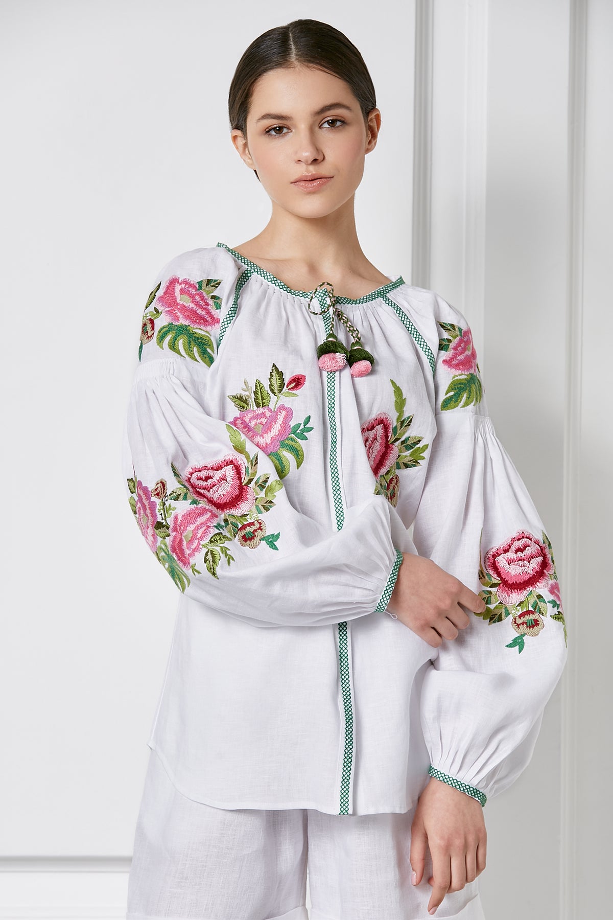 Foberini, Ukrainian vyshyvanka embroidered blouse, white, floral motif, hand-embroidered – view 7