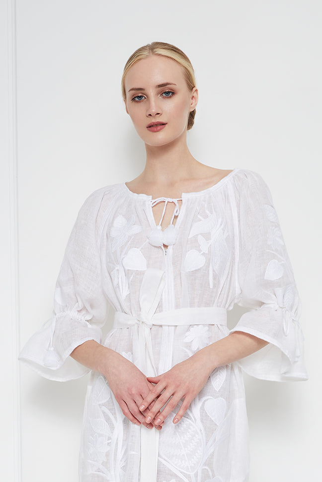 Foberini, Embroidered dress, white, floral motif, hand-embroidered – styled look