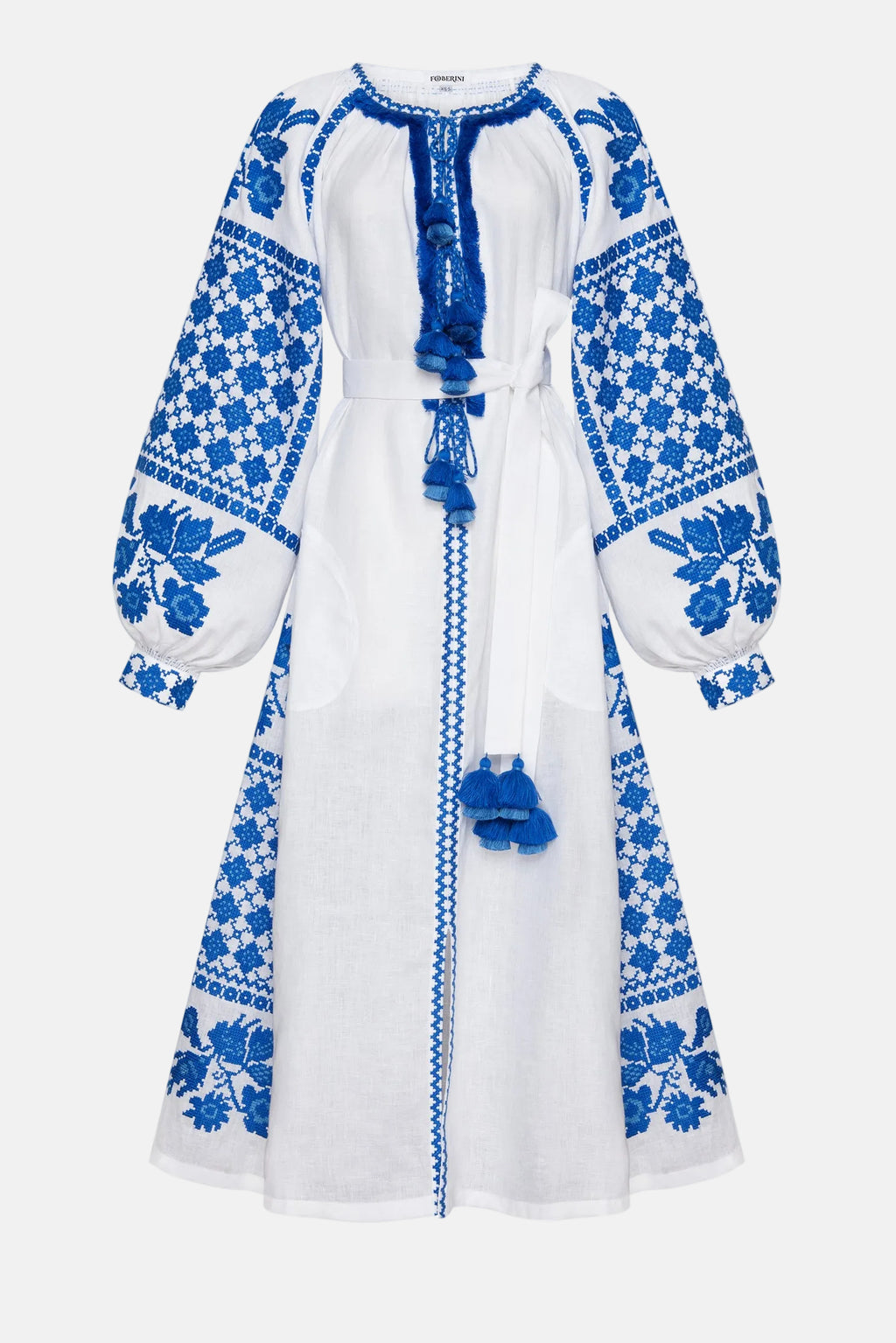 White Ukranian dress with blue floral embroidery. BLOUSEROUMAINE-SHOP.COM. FOBERINI