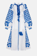 White Ukranian dress with blue floral embroidery. BLOUSEROUMAINE-SHOP.COM. FOBERINI