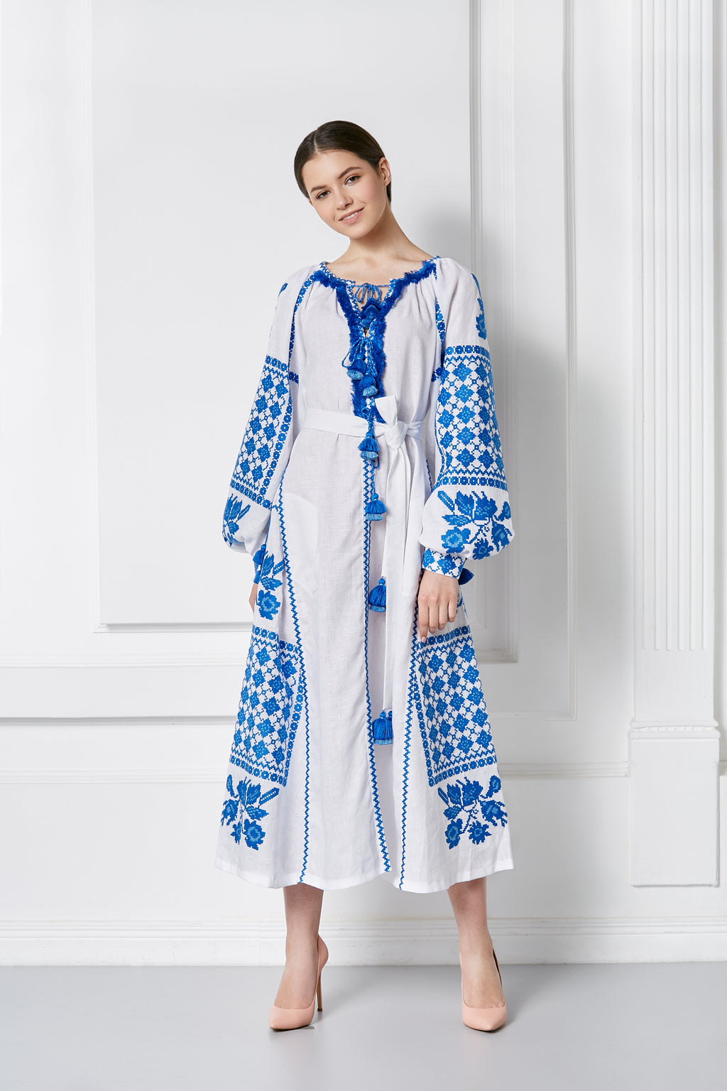 White Ukrainian embroidered midi dress with blue cross-stitch - front view