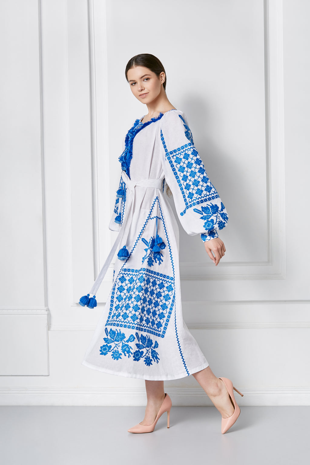 White embroidered midi dress - blue cross-stitch detail