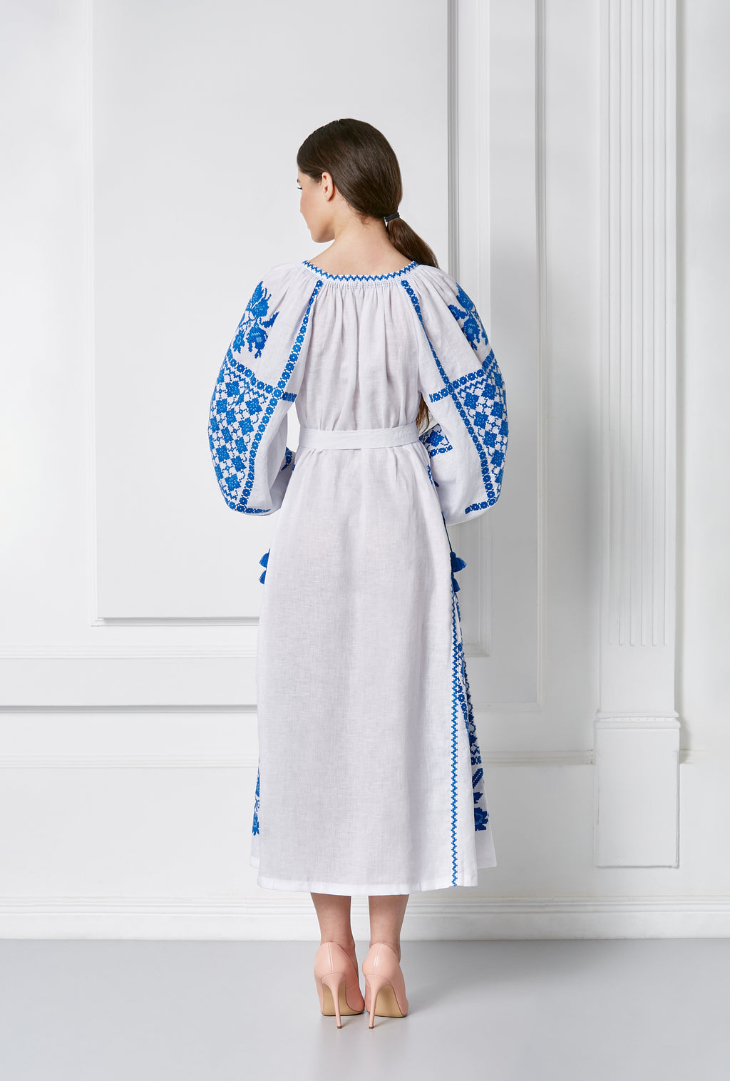 White embroidered midi dress - fringe neckline and tassel detail