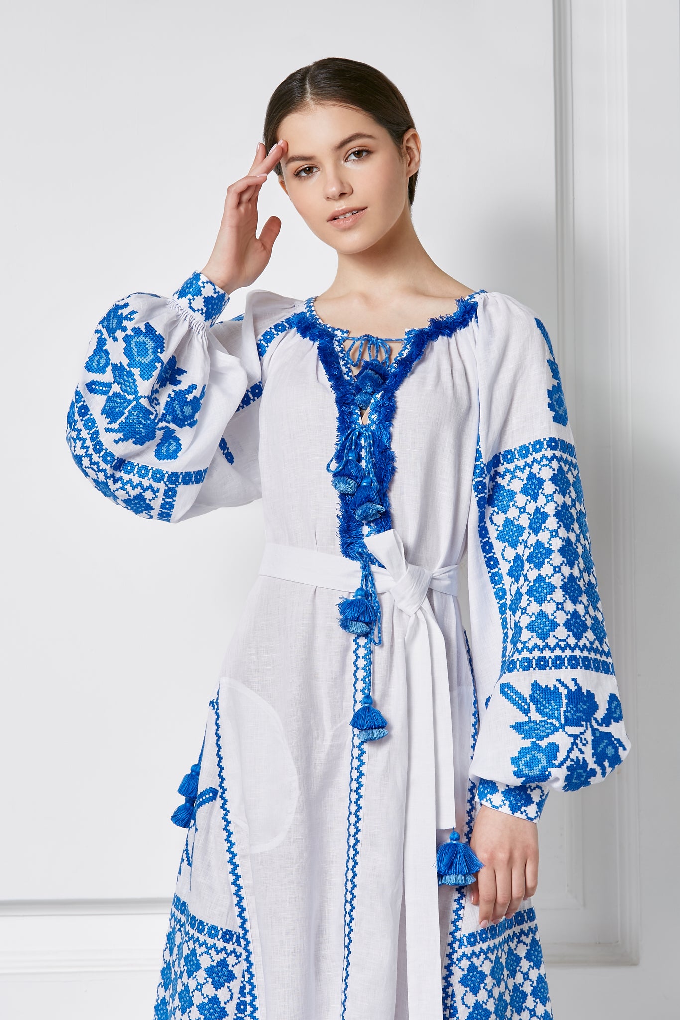 White Ukrainian Embroidered Midi Dress with Authentic Blue Cross-Stitch