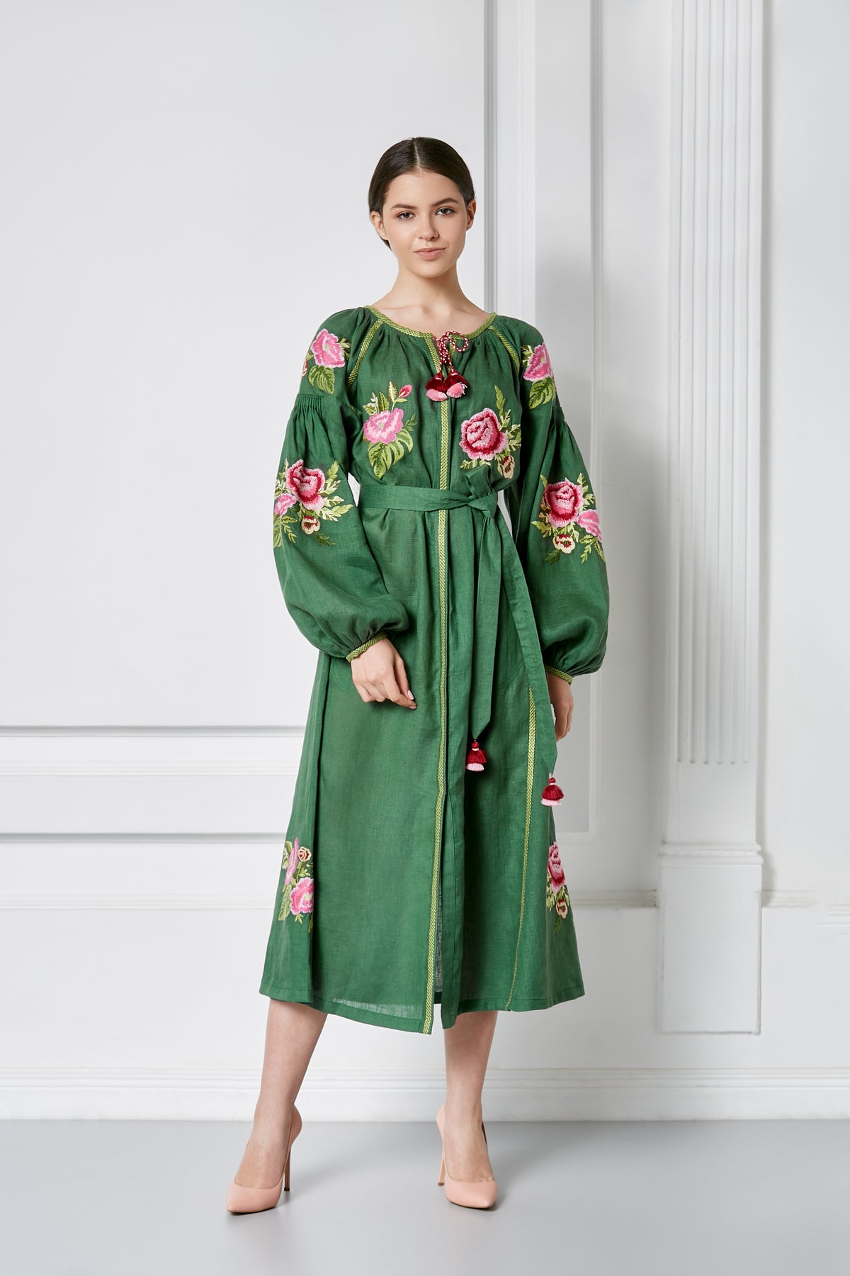 Flora green embroidered midi dress by Foberini, floral embroidery detail