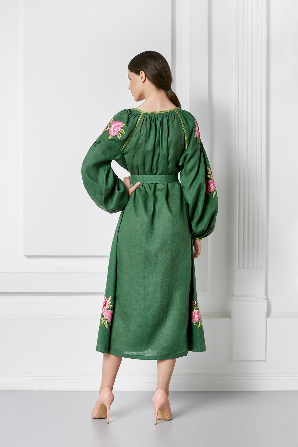 Flora green embroidered midi dress, front button placket and belt