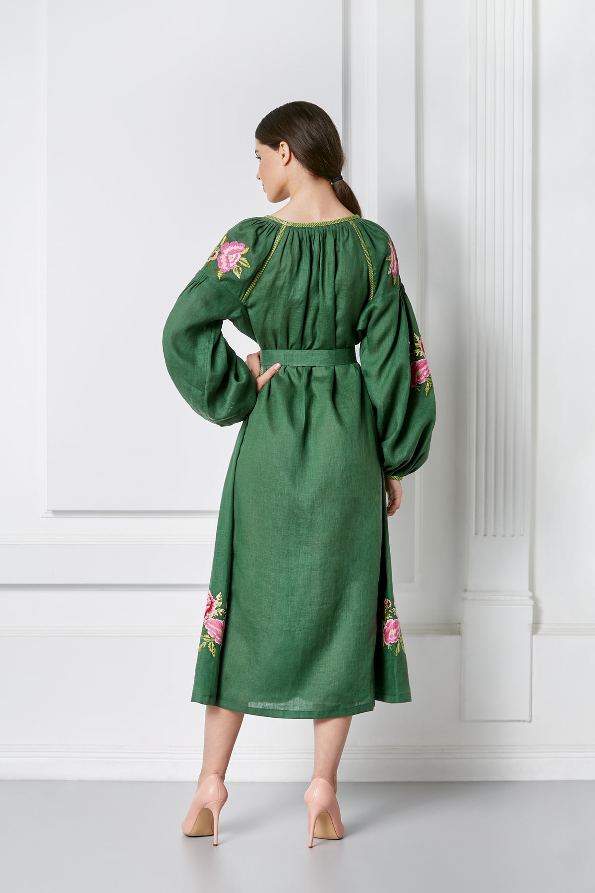Flora green embroidered midi dress, front button placket and belt