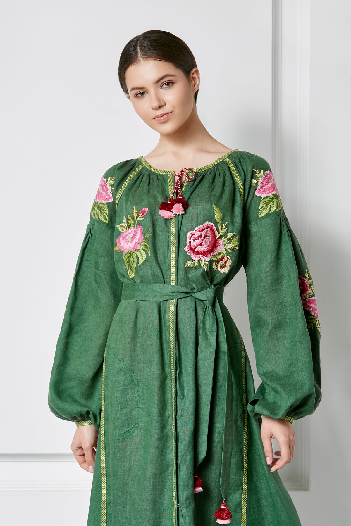 Flora green embroidered midi dress, back view