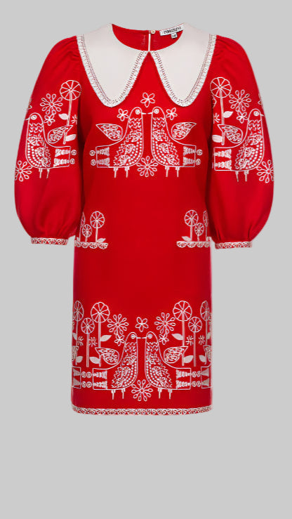 Rochie mini din in brodată cu păsări și flori Zozulya 