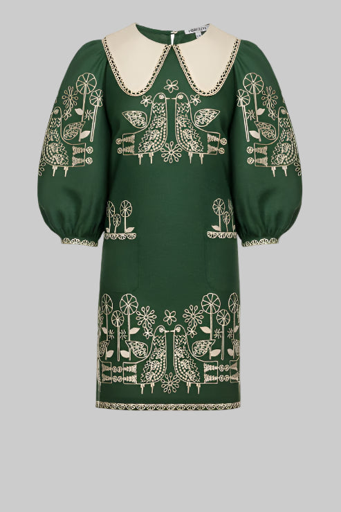 Embroidered Linen Mini Dress with Birds and Flowers Zozulya