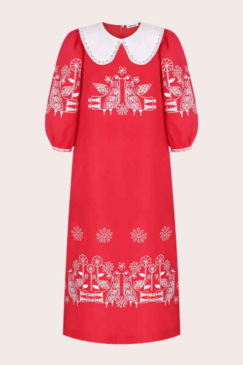 Rochie mini din in brodată cu păsări și flori Zozulya 