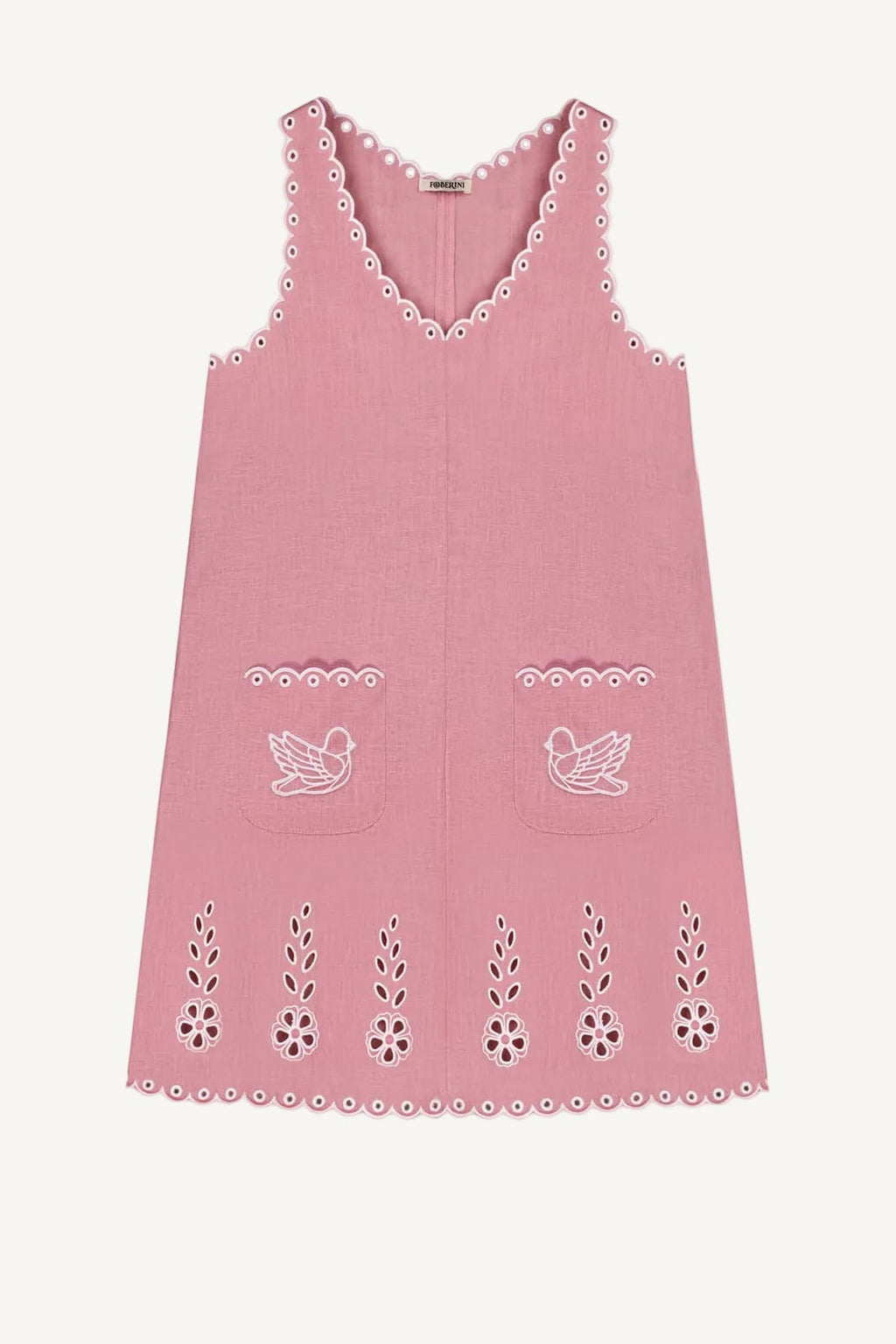Foberini, Embroidered dress, pink, linen, floral motif, hand-embroidered