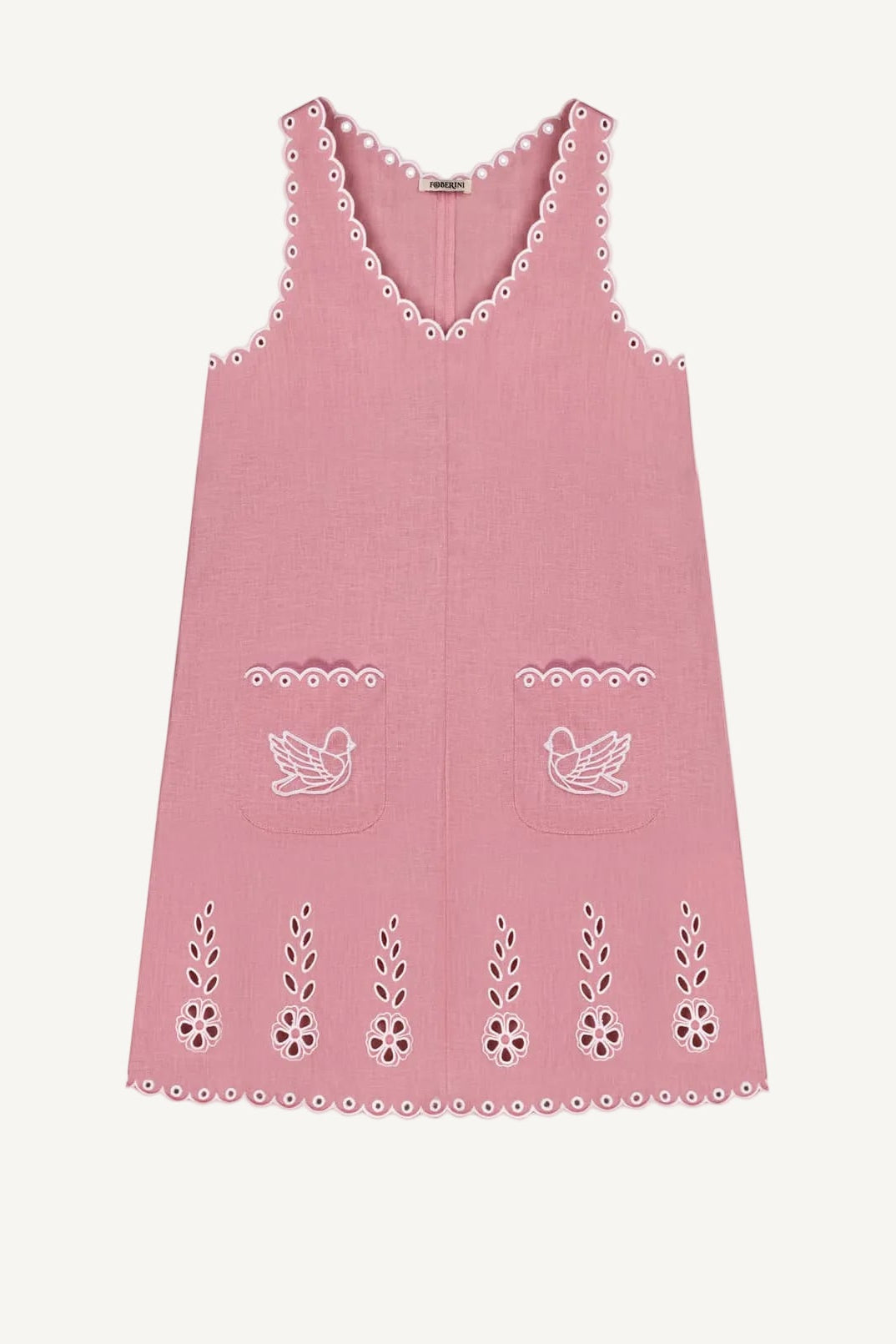 Foberini, Embroidered dress, pink, linen, floral motif, hand-embroidered