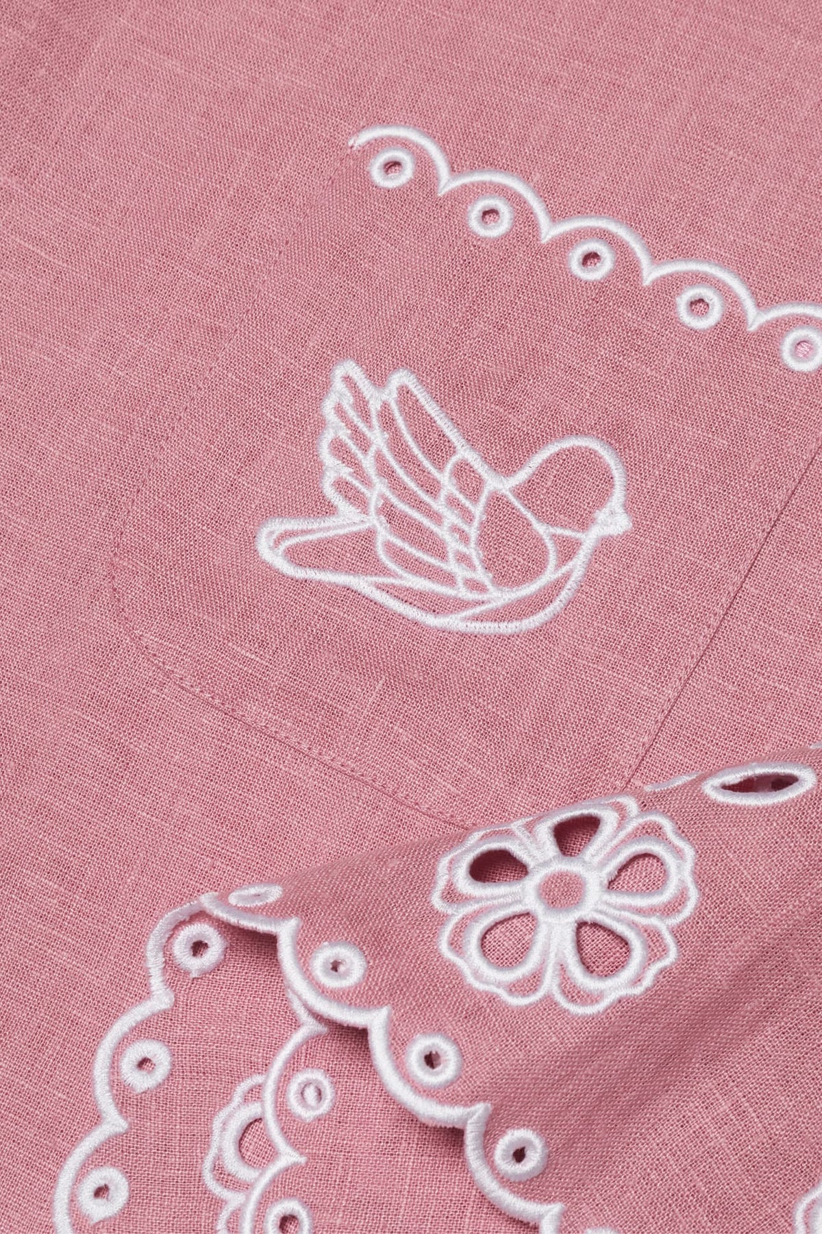 Foberini, Embroidered dress, pink, linen, floral motif, hand-embroidered – fabric detail
